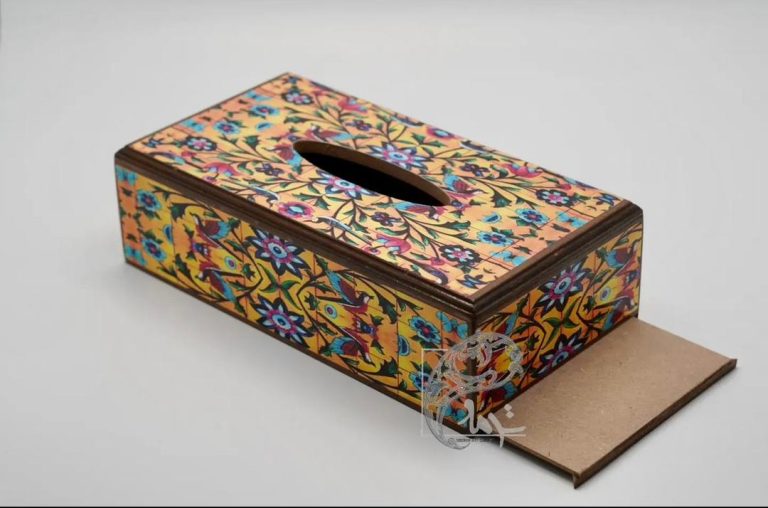 جعبه دستمال کاغذی چوبی گل و مرغ زرد